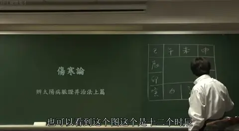 板书绘制了十二地支（子丑寅卯...）的方阵图，用于讲解五运六气与时辰节气的对应关系。