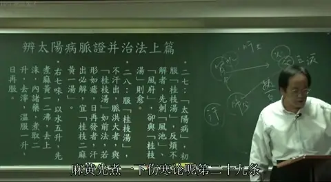 板书展示《伤寒论》第27、28条原文及桂枝加附子汤的煎服法。