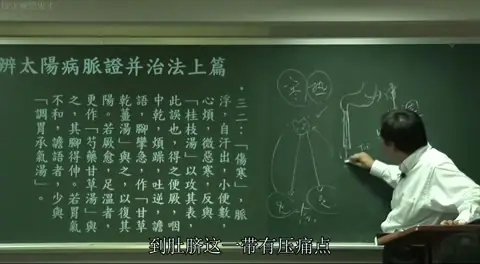 腹部触诊图示，板书标注了任脉的中脘、建里、下脘、神阙穴位的相对位置，并划出了压痛点范围。
