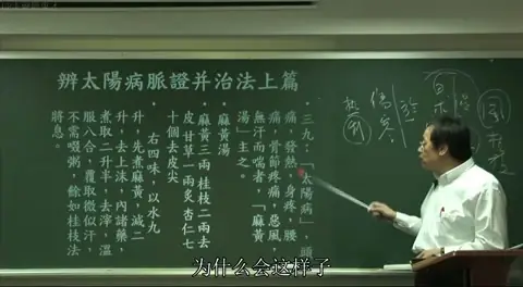 讲者在板书右侧画出心、肾、小肠的关系图解，解释“汗”与内脏功能的联系。