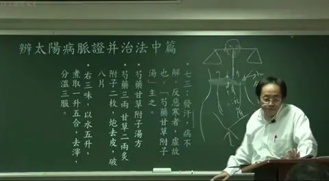 黑板板书，列出第七十三条：芍药甘草附子汤的条文及方剂组成（芍药、甘草、炮附子）。