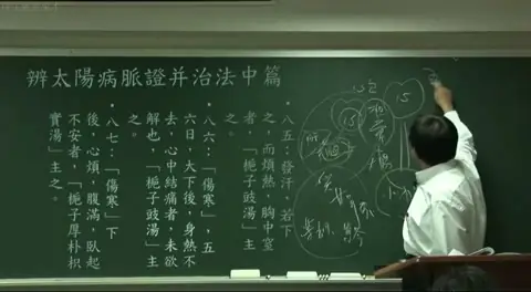 黑板板书，列出治疗胆结石的核心处方组合：炙甘草（强心）、柴胡、黄芩（疏肝清热）、枳实（宽胆管）。