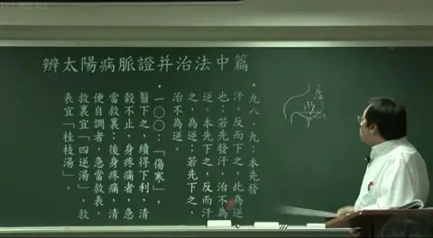 黑板板书展示第98、99条文，明确标出“本先发汗，反而在下之，此为逆也”的先表后里治疗核心原则。