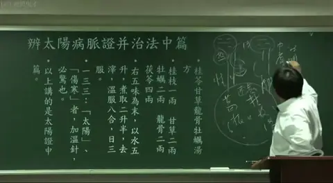 黑板板书，展示易经八卦中的“离”卦与“坎”卦的符号，并写有“中虚为明”，解释心脏功能与中医诊断哲学的关系。