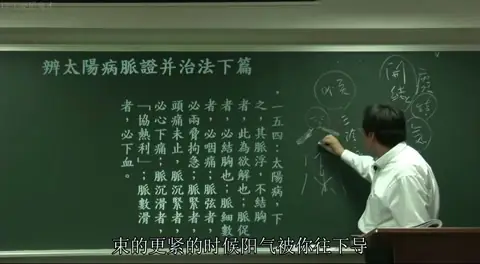 讲者在黑板右侧绘制了人体头颈与躯干的示意图，并通过箭头标注了误下后阳气（热气）下行受阻、反弹向上集中冲击咽喉的病理路径。