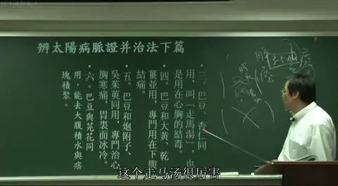 讲者在黑板右侧手绘了人体的消化系统简图（包含口腔、食道、胃、肠道），用于辅助讲解“心胸结毒”时食物和胶痰堵塞在肠胃及胸腔的病理位置。
