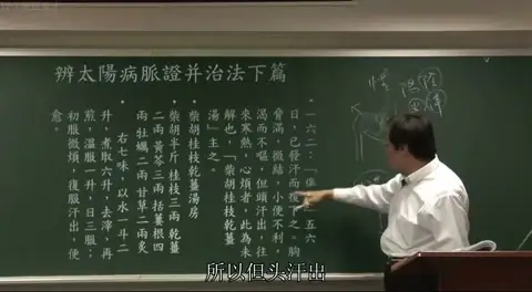 板书画面，画有胃和肠的解剖简图，并标注了“阴阳”、“津液”、“热”、“轻”，用于直观推导津液耗损导致虚热上冲引起“但头汗出”的病理机制。