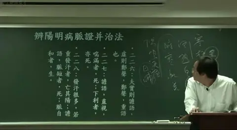  黑板上展示中医经典条文（225、226、227条等），讲者用粉笔标注了“实则谵语，虚则郑声”等关键辨证依据。