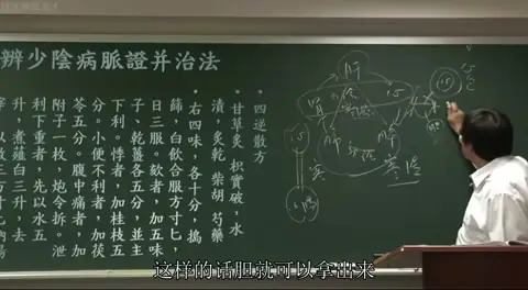 讲者在黑板右侧手绘脏腑结构图，标注了心脏、心包、胆的位置，用于解释心包与胆之间的脉络联系。
